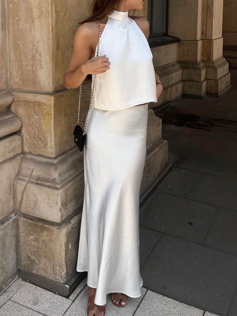 Satin Halter Neck Top and Maxi Skirt Two-Piece Set
